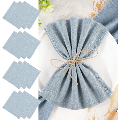 Lot de 12 serviettes de table en tissu avec franges - 45 x 45 cm - Bleu - Serviettes de table en mousseline de coton - Pour fête de famille, mariage, anniversaire, baptême, communion (1/5)