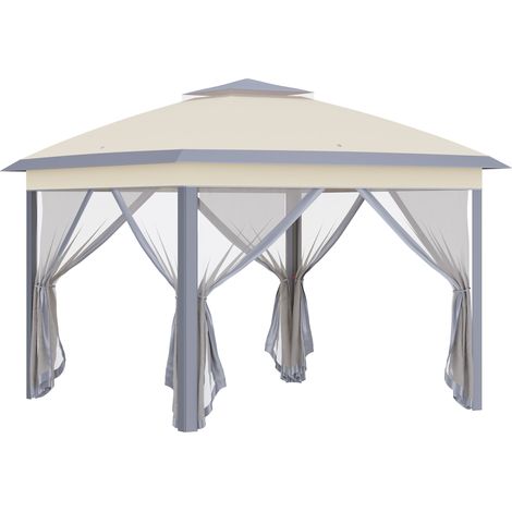 Gazebo Pieghevole da Giardino 3,3x3,3x2,88m con Zanzariera in Acciaio e Tessuto Oxford Beige