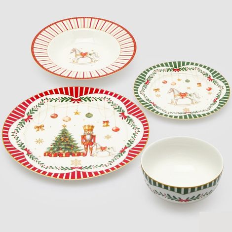 EDG Enzo De Gasperi Servizio Piatti Natale XMAS 24 Pz in Ceramica Rosso Verde – Piano, Fondo, Dessert e Ciotole (1/5)