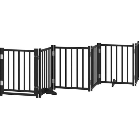 Barrière de sécurité pour chien animaux de compagnies avec porte 6 panneaux bois de sapin massif noir