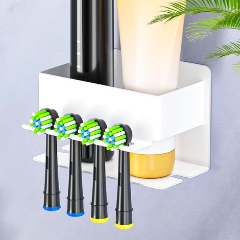 1 - Support Brosse à Dents - Porte-brosse Électrique - Rangement Salle de Bain avec Adhésif - Pour Brosses Manuelles et Dentifrice - Blanc - 8x5cm (1/4)