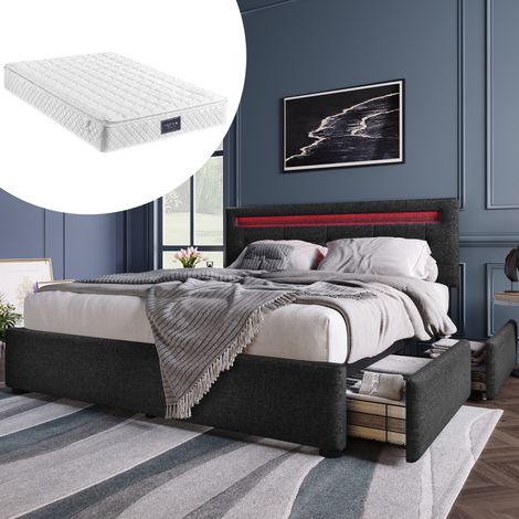 Lit coffre 140x200 LED 4 tiroirs lin noir HAVRYA (1/5)