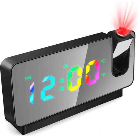 Réveil projecteur de plafond, réveil numérique rotatif à 180°, réveil miroir USB de 7,8 pouces avec affichage de la température et de la date, rechargeable, horloge de table pour chambre ou bureau