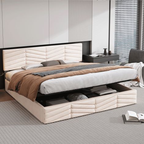Polsterbett,Doppelbett,hydraulisches Funktionsbett,Samt,Streifen-Stil,Continentalbett,höhenverstellbares Kopfteil (1/5)