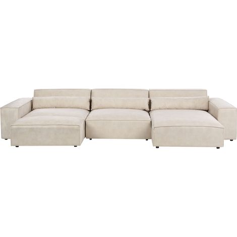 Left Hand 4 Seater Modular Sofa with Ottoman Beige Velvet Sectional Couch Sofa with Black Legs Modern Living Room HELLNAR (1/5)