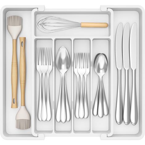 Organisateur de tiroir à couverts, plateau extensible pour couverts de cuisine, couverts et support à couverts sans BPA, blanc