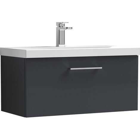 Nuie Arno Satin Soft Black 800mm Wall Hung Single Drawer Vanity Unit and Mid Edge Ceramic Basin - ARN1425A (1/5)
