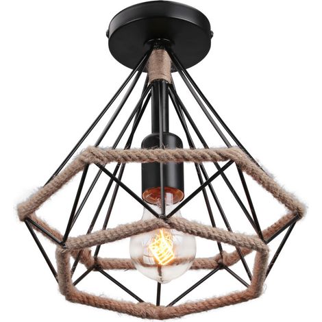 Lampe Plafonnier en Corde de Chanvre Diamant Plafonnier Luminaire Noir (1/5)