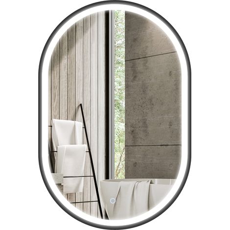Miroir de salle de avec éclairage intégré pliable noir pour salon bain ovale mural intégré, couleurs lumière, luminosité réglable, fonction antibuée, (1/5)