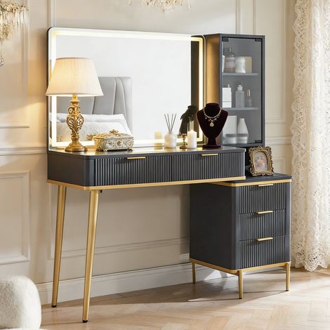 Coiffeuse miroir led Moderne avec Prise & Socket, Bureau de Vanité de Maquillage avec 5 Tiroirs & Étagères de Rangement, Coiffeuse bois Ampli - Panneau de Particules Noir (1/5)