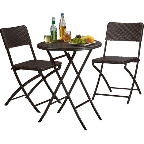 Relaxdays Gartenmöbel Set Bastian, klappbar, 3-teilig, Rattan-Optik, klein, HBT Tisch: 75,5 x 60 x 60 cm, braun