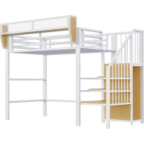 Cama alta 90 x 200 cm de metal y MDF, blanca, con escalera de seguridad y estante, MODENUIT (1/5)