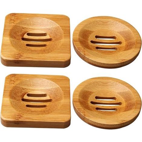 Set mit 4 Seifenschalen aus natürlichem Bambusholz, quadratisch und rund, für das Badezimmer. (1/5)