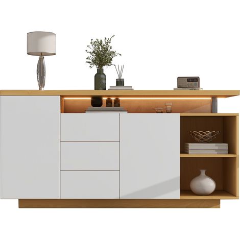 Buffet multifonction 140 cm blanc et bois clair, 2 portes, 3 tiroirs, 2 niches ouvertes, LED d’ambiance, portes réglables  CHICFURN (1/5)
