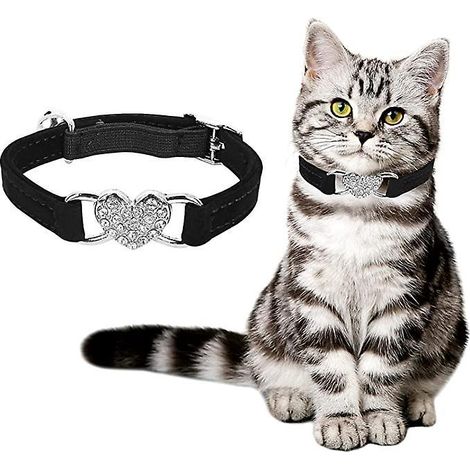 collier De Chat Coeur Floqu Noir Avec Harnais Et Cloches Strass Pour Chatons Et Chiots (1/5)