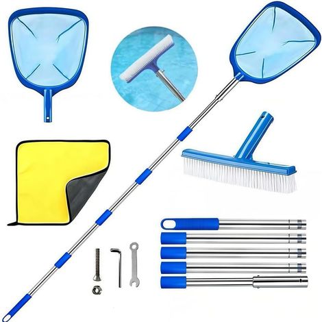Red recogepipas para piscinas con mango telescópico - con cepillo para piscinas - Red recogepipas de malla fina para estanques - Kit de limpieza para spas, estanques, jacuzzis y piscinas infantiles (1/5)
