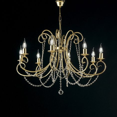 Araña de hierro dorado ocho luces con pedrería 74x h58 cm