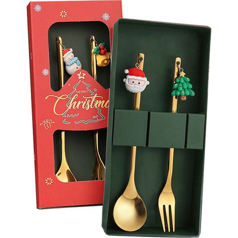 Ensemble de 4 cuillères et fourchettes de Noël en acier inoxydable, adorables couverts à dessert (1/4)