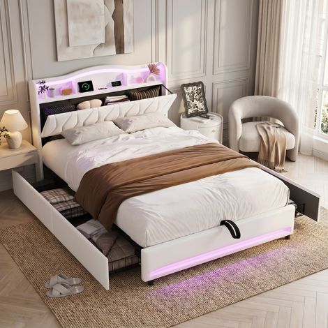 Lit avec tiroirs adulte 140x200 cm en velours beige avec sommier et led - lit double rembourré style moderne avec tête de lit de rangement et station de charge