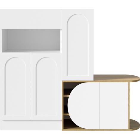 Zapatero con banco, 1 cajón, 5 puertas y estante abierto, MDF blanco con madera, 130 cm (1/5)