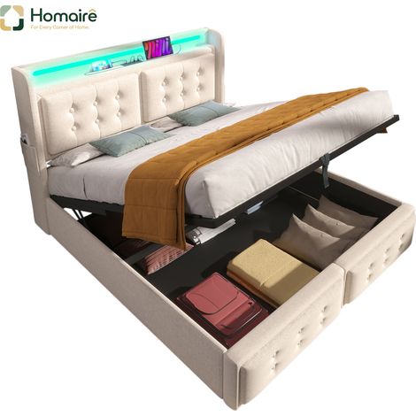 Cadre de lit en tissu beige avec port USB 220 x 161 x 109 cm HOMAIRE (1/5)