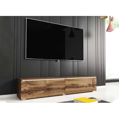 Deco In Paris – Meuble TV contemporain en chêne avec LED 2 portes – Largeur 180 cm – Profondeur 33 cm – Hauteur 30 cm – Passe-câbles intégré (1/5)