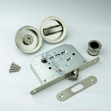 Kit Serrure pour Porte Coulissante - Serrure à condamnation et Poignées cuvettes Rondes encastrables - Ø intérieur poignées 48 mm - Acier Finition nickelé brossé, Inclus Tire-Doigt, gâche, vis (1/5)