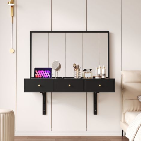 Coiffeuse suspendue 100x105x45 cm, avec miroir, 3 tiroirs de rangement, prises électriques, emplacement pour carte de tablette et porte-gobelet - Noir