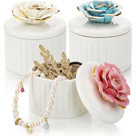 Juego de 3 joyeros decorativos de cerámica vintage para mujer, pequeñas cajas de regalo para anillos, pendientes, collares, cajas de recuerdos. (1/5)