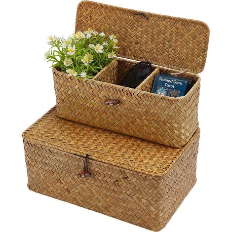 Lot de 2 paniers de rangement en jonc de mer - 3 compartiments - Organiseur rectangulaire tissé - Avec couvercle - Orange - En rotin - Boîte à mouchoirs - Style bohème (1/5)
