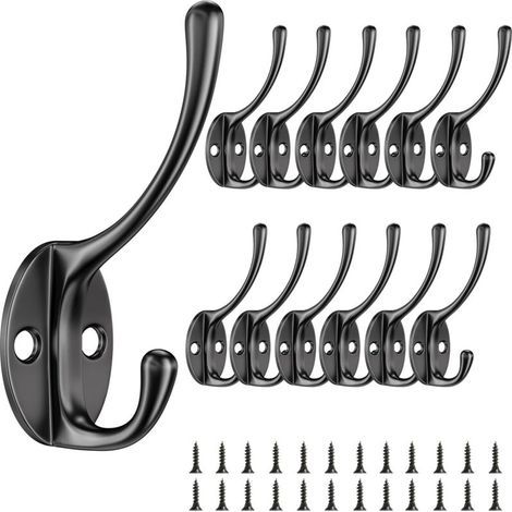 FENOPLASTICA12 pièces Crochet Mural, Crochet Porte Manteau avec Vis, Vintage en Métal Double Patères Porte Manteaux,Léger et Pratique Coat Hooks, pour Chambre, Armoire, Salle de Bain (Noir) (1/5)