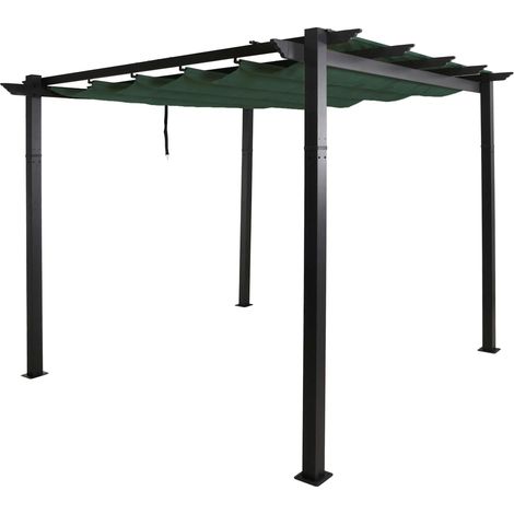 Pergola aluminium pavillon de jardin terrasse 3x3 m avec toit coulissant réglable structure 8 cm tissu polyester UV50+ vert 040009719