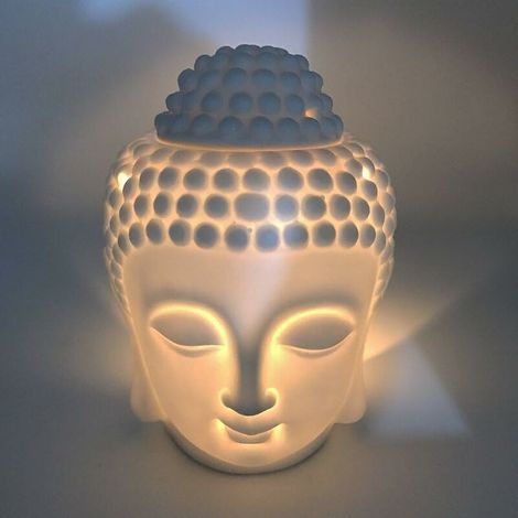 ZOLGINAH Brûleur à huile d'aromathérapie en céramique - Tête de Bouddha - Diffuseur d'huiles essentielles - Encens indiens - Bouddha tibétain - Taille S – Blanc (1/4)