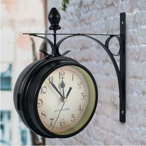 Horloge murale double face, horloge de jardin rtro europenne avec double surface en verre, horloge de dcoration vintage suspendue avec support, intrieur extrieur (sans pile) (1/5)