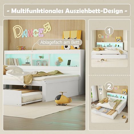 Canapé-lit 140x200 cm blanc avec éclairage LED, rangement latéral, prise USB, lit banquette rabattable, sans matelas (1/4)