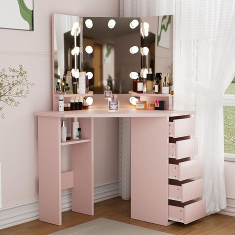 Tavolo da Trucco illuminazione LED, con 5 Cassetti Portaoggetti, Toeletta con 10 Luci Dimmerabili, 2 Portaoggetti Piccoli, Postazione Trucco, Idea Regalo, Rosa