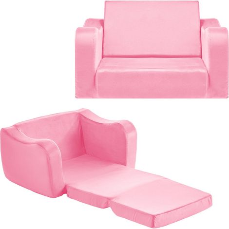 Canapé Enfant 2-en-1, Fauteuil Pliable avec Accoudoirs, Mousse 28D & Tissu Peluche, Convertible Chaise en Repose-pieds, Rose (1/5)