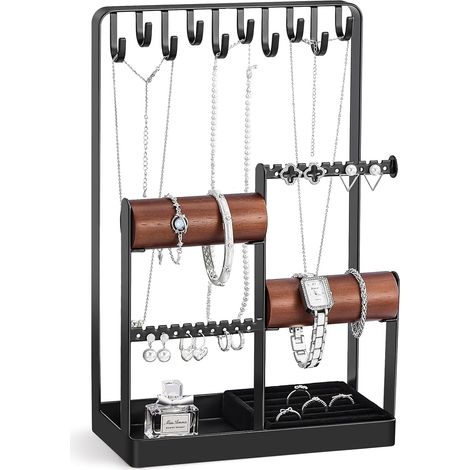 Porte Bijoux, Presentoir Bijoux Femme Fille, Porte Boucles d’Oreilles, Colliers, Bracelets, avec Plateau Bagues, Support Bijoux en Métal et Bois -Noir (1/5)