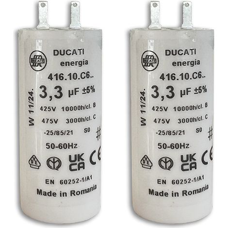 Condensateurs pour réparation de moteur de volet roulant SOMFY, SIMU - Condensateur cylindriques à 2 cosses Faston 2,8 - spécial remplacement - pour moteur de volet. - 3,3 uF - Lot de 2