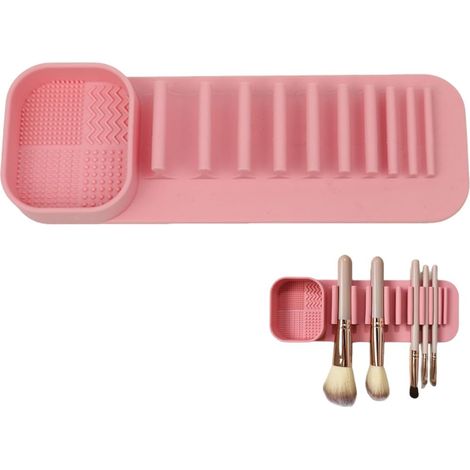 Porte-pinceaux de maquillage en silicone rose avec ventouse, organisateur mural et séchoir à pinceaux, rangement gain de place pour coiffeuse de salle de bain (1/5)
