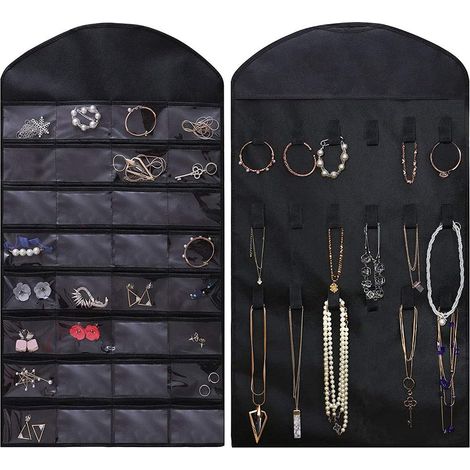 Organisateur de Bijoux Suspendus Rangement Bijoux à Suspendre Double Face Sac de Rangement à Bijoux Noir pour Collier/Lunettes de Soleil/Boucles d'oreilles (47 84cm)