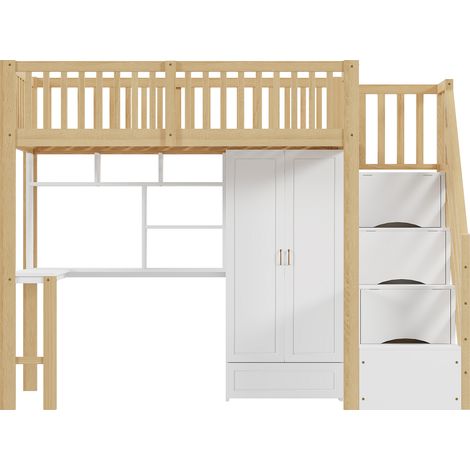 Lit mezzanine 90x200 avec bureau et armoire, lit surélevé avec escalier de rangement, structure en bois massif, blanc et bois.