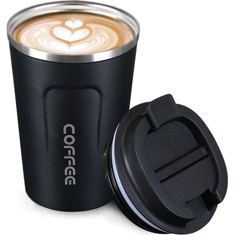 Tasse Isotherme 380ml – Mug de Voyage Café/Thé avec Couvercle Étanche, Inox Noir (1/5)