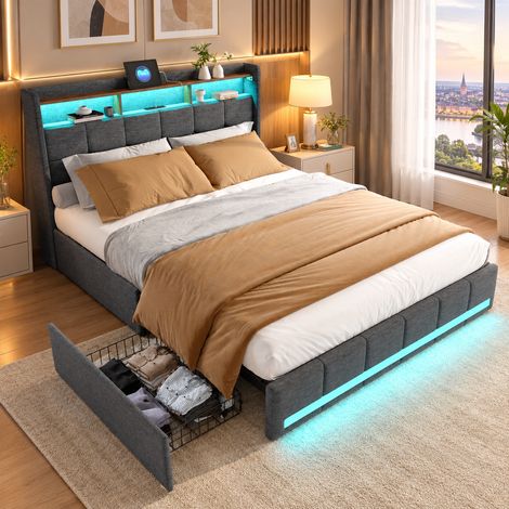 Lit coffre 160x200 cm,lumière LED et port USB,lit capitonné,4 tiroirs de rangement,lit double,tête de lit rangement,cadre de lit 160x200,style moderne,sommier à latte,lit adulte,lit ados,Lin,Gris (1/5)