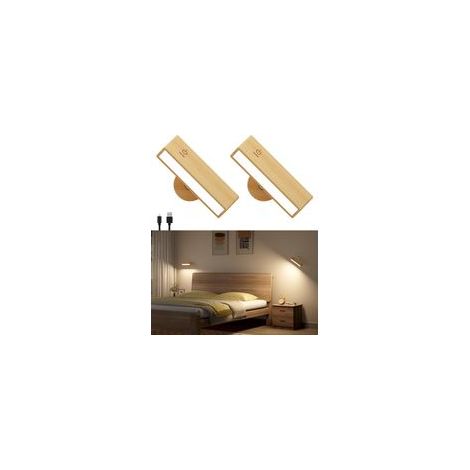 Wiederaufladbare Wandleuchte, 360° drehbar, dimmbar, batteriebetrieben, magnetische Wandleuchte fürs Schlafzimmer, kabellose Wandlampe (Buchenholz, 2er-Set) - Crezuo