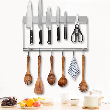 Porte Couteaux Aimanté, 40cm Barre Magnétique pour Couteaux en Acier Inoxydable avec 6 Crochets Porte-Couteaux avec Aimant Extra-fort pour les Couteaux Ustensiles de Cuisine, et Outils (1/5)