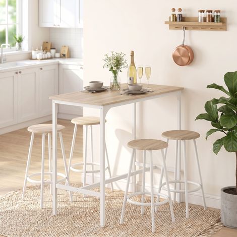 Ensemble de bar en 5 pièces pour 4 personnes, Table haute industrielle avec tabourets pour cuisine et salle à manger, chêne (1/5)