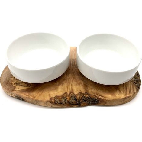 Double Gamelle pour Petit Chien en Bois d'Olivier et Porcelaine - Station 2 x 0,4 L - PANGIVO (1/5)
