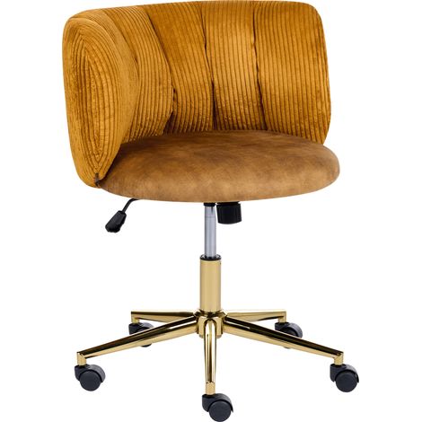 Silla de escritorio retro para oficina con base giratoria respaldo reclinable altura ajustable de pana con asiento de terciopelo estructura de hierro dorada mostaza Pelora (1/5)