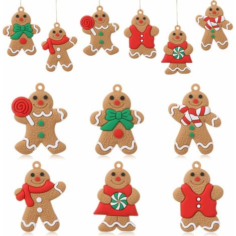 12 pcs Décorations de Noël Pendentifs Forme de Bonhomme en Pain d'Epice, Ornement Suspendu pour Décorations de Sapin 5cm x 7cm (1/5)